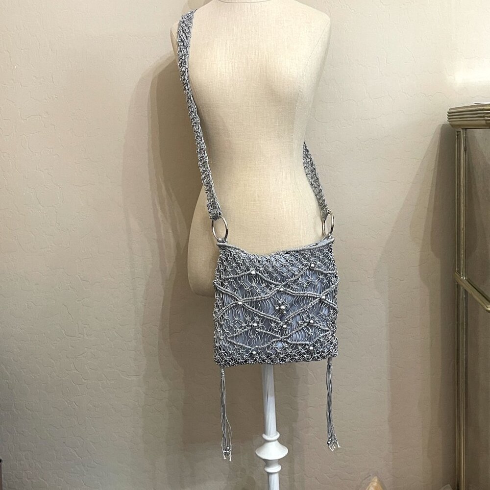 Crossbody Bag Macrame Crochet Beaded Fringe Silver Purse - Picture 3 of 9